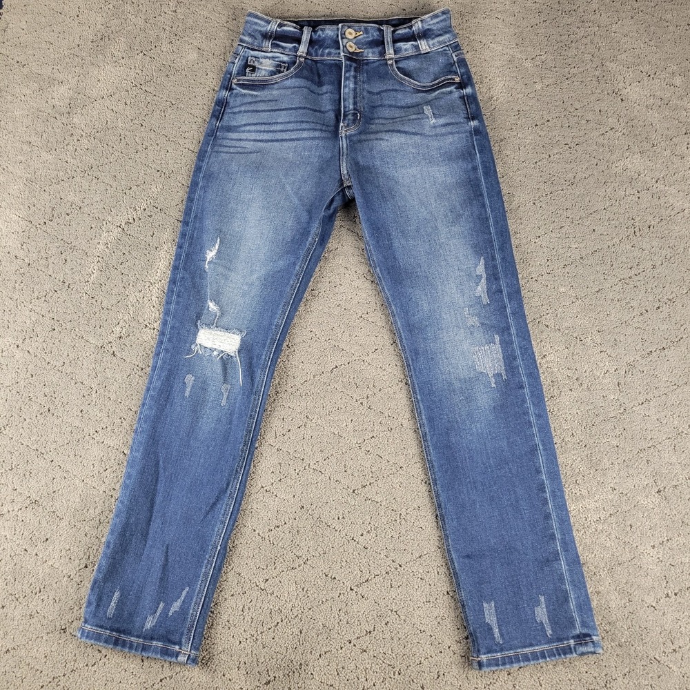 Kancan Jeans Womens 5/26 Blue Distressed Straight Leg Whisker Stretch‎ Denim